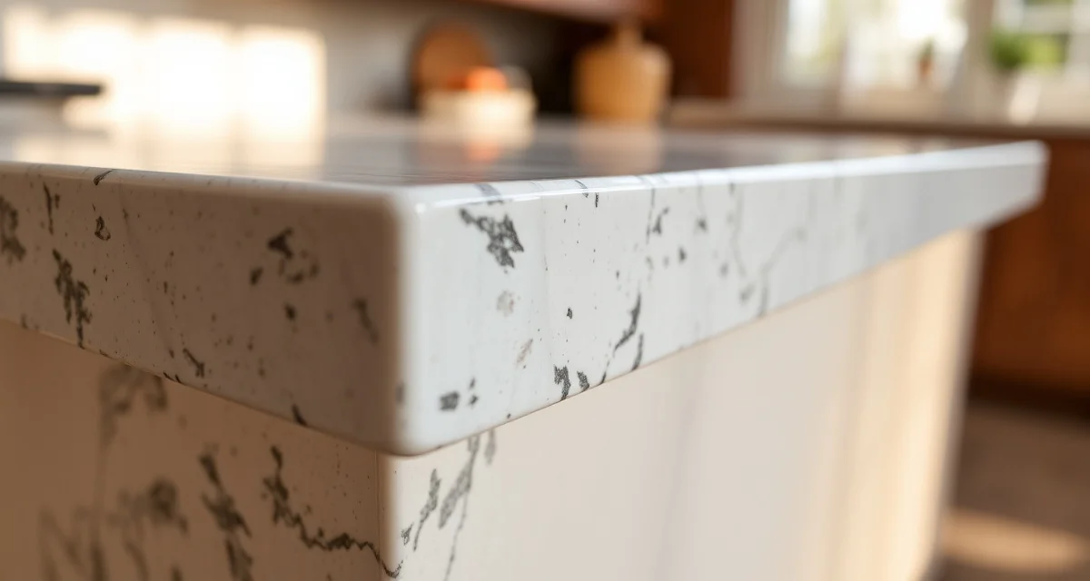 Modern eased edge countertop detail Close-up of an eased flat polished edge profile on a modern stone countertop showing the subtle rounded corners and clean squared design