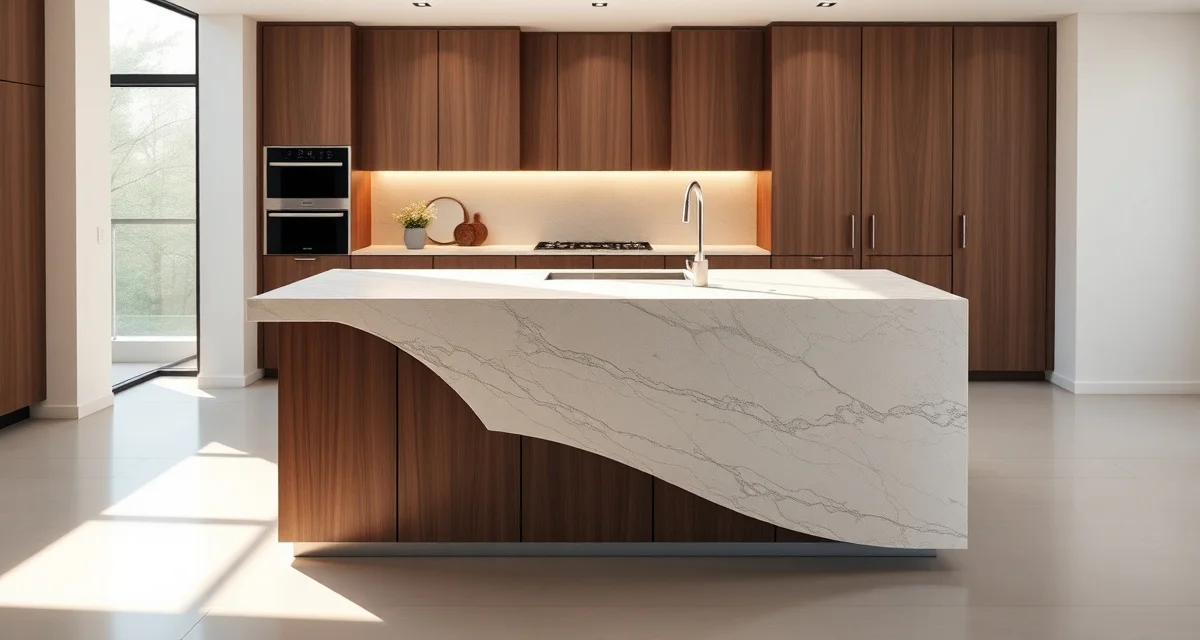 Premium kitchen island countertop design with waterfall edge Modern kitchen island featuring a waterfall edge quartz countertop with warm natural lighting in contemporary kitchen design