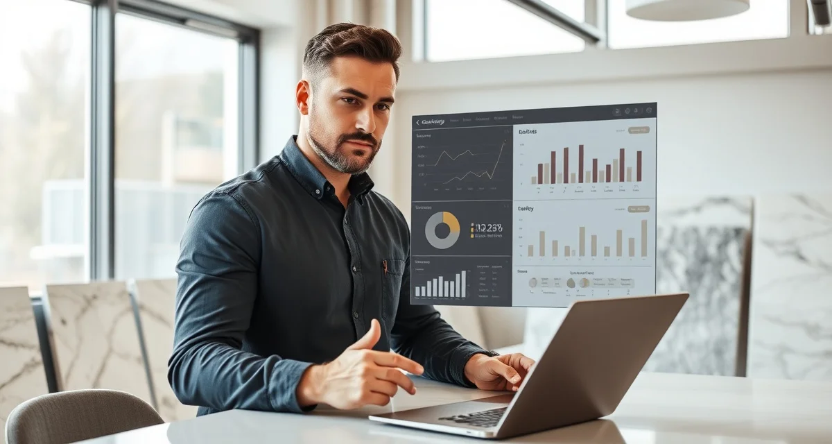Monthly KPI review for countertop shops Countertop fabrication shop manager reviewing monthly KPI performance metrics and business data on computer dashboard