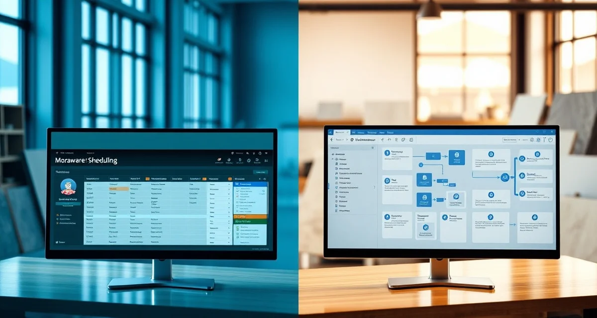 Countertop software comparison visualization Side-by-side comparison of Moraware and ActionFlow countertop fabrication software interfaces showing scheduling and workflow features.