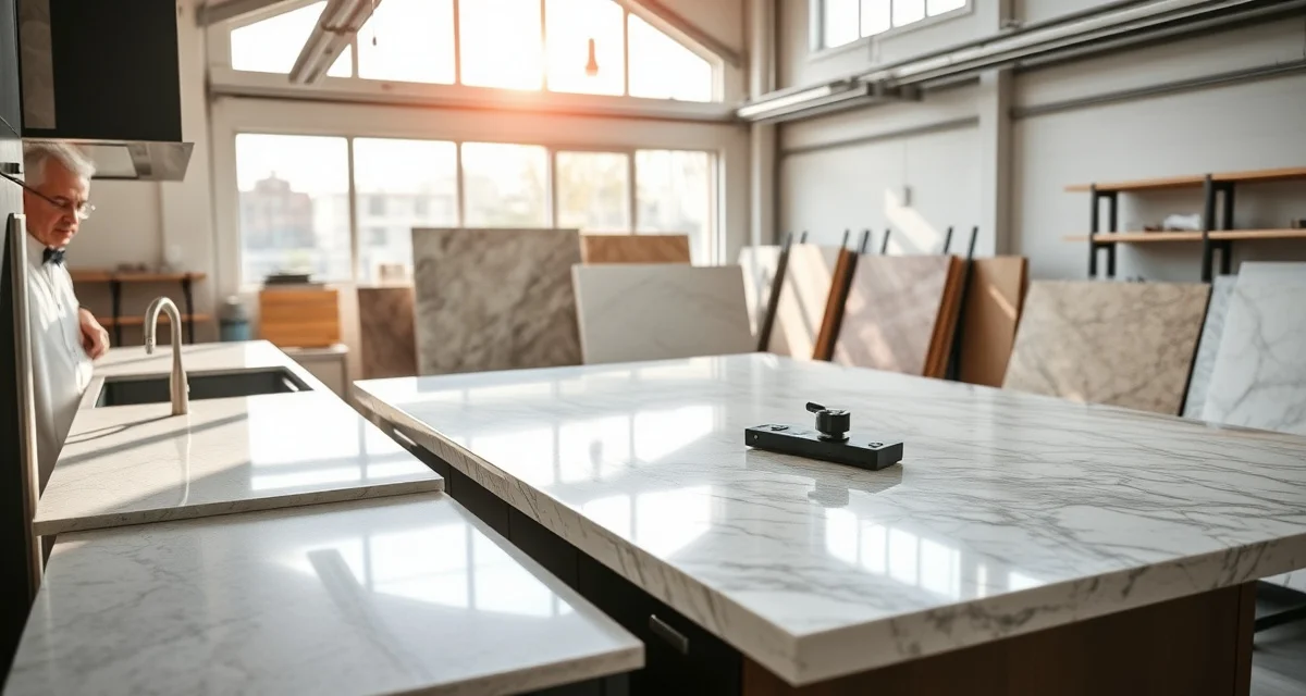 Stone shop management software comparison and alternatives Countertop fabrication shop technician reviewing stone slabs and software solutions for shop management