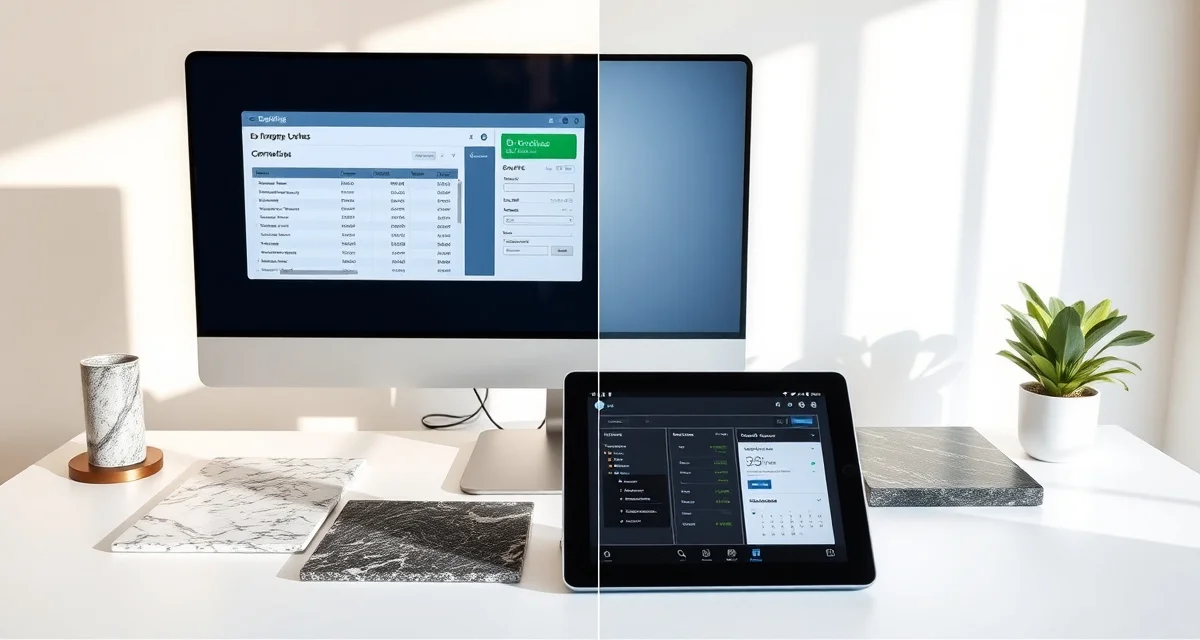 Countertop shop management software comparison Comparison of Moraware and QuickQuote countertop fabrication software interfaces on modern business workspace with stone samples