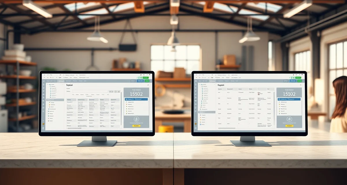 Side-by-side comparison of fabrication management software platforms Comparison of Moraware and iCounterSoft countertop fabrication software interfaces showing scheduling and job management features