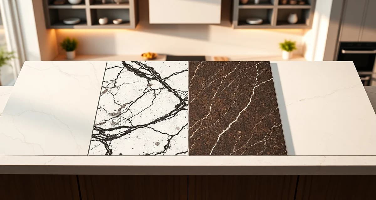 Premium countertop durability comparison Comparison of the most durable countertop materials including quartzite, granite, porcelain slabs and engineered quartz showing texture and finish variations.