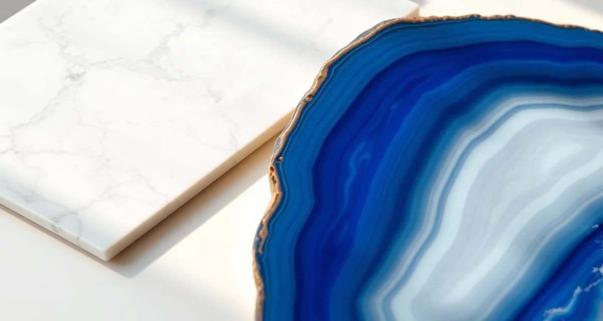 Luxury countertop materials comparison Premium semi-precious stone countertops including blue agate and Calacatta marble slabs showing luxury materials costing $500+ per square foot.