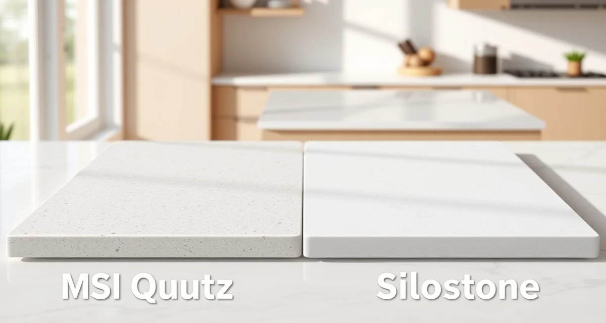 MSI Quartz vs Silestone premium countertop materials Side-by-side comparison of MSI Quartz and Silestone countertop samples showing color and finish differences