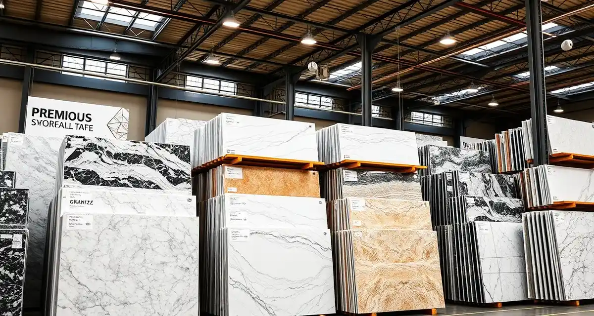 MSI International stone distribution center MSI Surfaces stone distributor warehouse displaying organized granite, quartz, marble, and quartzite slabs for countertop fabrication.