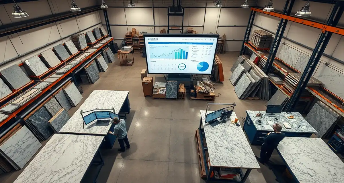 Unified fabrication operations across multiple shop locations Multi-location stone countertop fabrication shop unified operations with organized slab inventory and digital management systems.