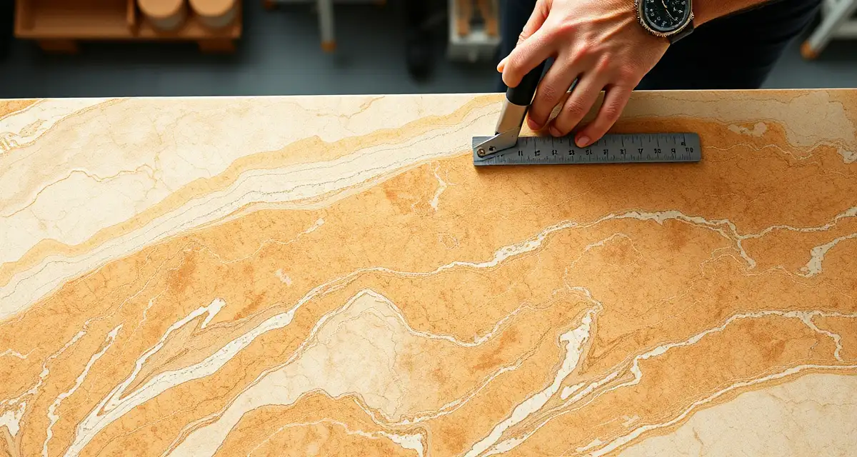 Stone fabrication measurement and planning Natural stone slab fabrication showing marble veining and quartzite patterns with precision measurement tools for countertop production