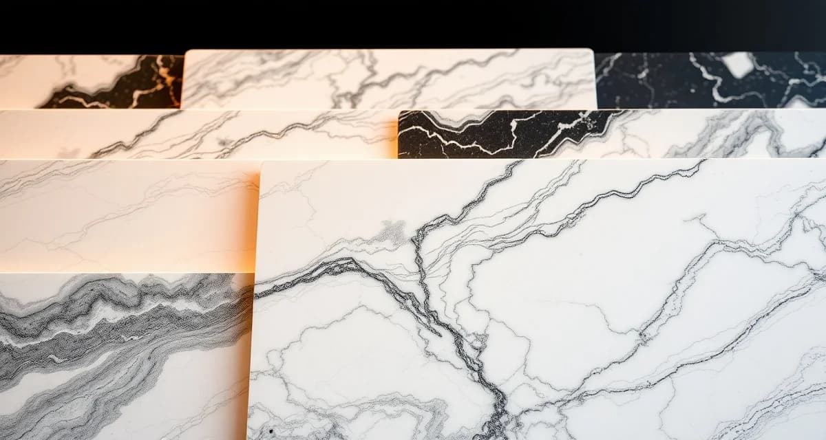 Stone veining pattern examples for countertop selection Close-up view of natural stone countertop samples displaying various veining patterns including linear and branching mineral veins
