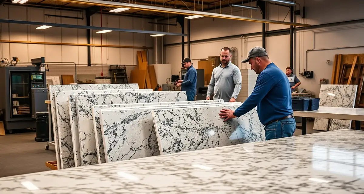 Nebraska countertop fabrication workshop Professional countertop fabrication shop in Nebraska showing craftsmen working with granite and quartz slabs in a modern workshop setting.