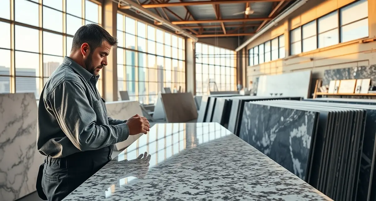 Nevada countertop fabrication workshop standards Professional countertop fabrication shop in Nevada with polished granite slabs and skilled craftsman inspecting quality standards.