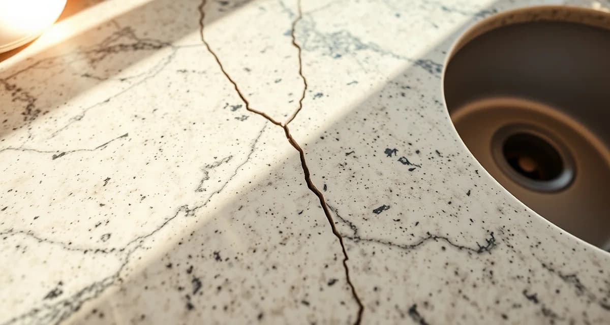 New countertop crack at sink area Close-up of a diagonal crack in a new granite countertop near a sink cutout, showing common countertop cracking patterns and damage.