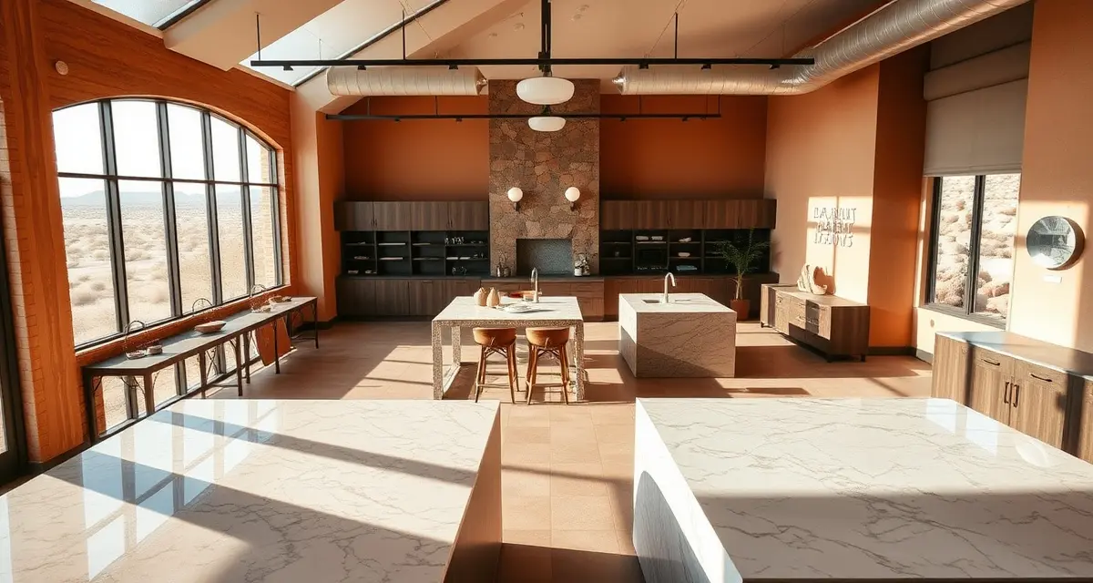 Southwestern countertop materials and fabrication samples Professional countertop fabrication showroom displaying granite and quartz materials for New Mexico stone shops