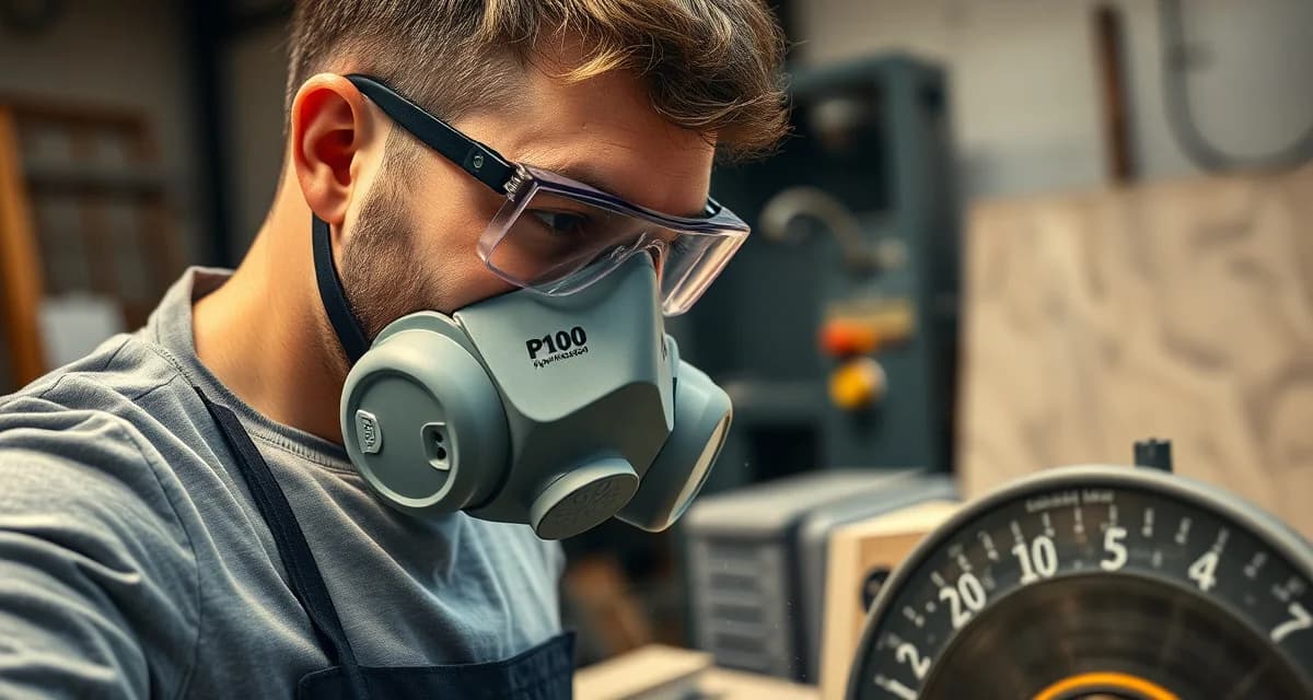 Proper respirator protection for stone cutting Stone fabricator wearing NIOSH-approved P100 respirator mask while cutting granite countertop material in professional shop