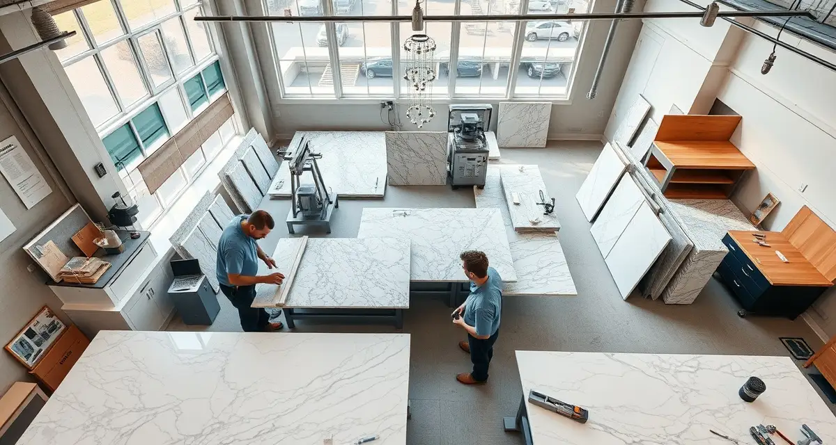 Modern countertop fabrication workshop management New Jersey countertop fabrication shop with craftsmen working on premium stone slab cutting and measurement