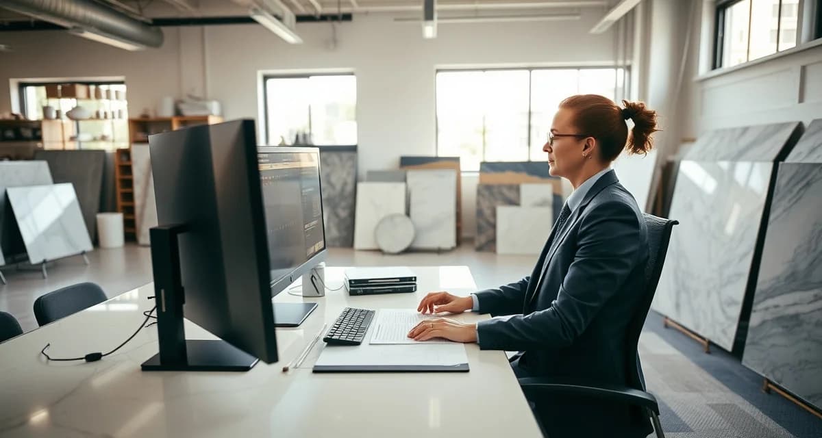 SlabWise office management solution for stone countertop shops Office manager efficiently managing customer communications and job scheduling in a countertop fabrication shop using SlabWise software platform