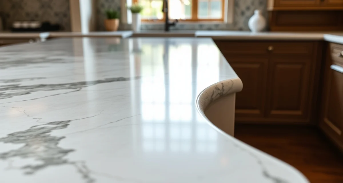 Ogee edge detail on luxury stone countertop Close-up of ogee edge profile on stone countertop showing S-shaped decorative curve with concave and convex arcs