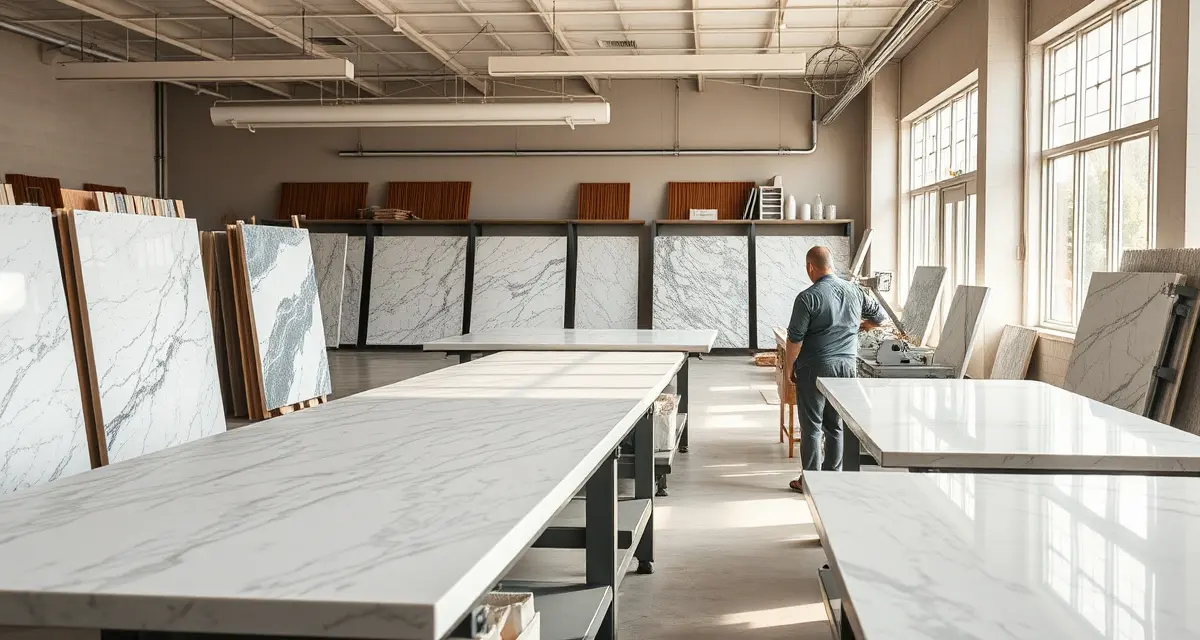 Ohio countertop shop operations Modern countertop fabrication shop in Ohio with organized stone slabs and precision cutting equipment for professional stone countertop production.
