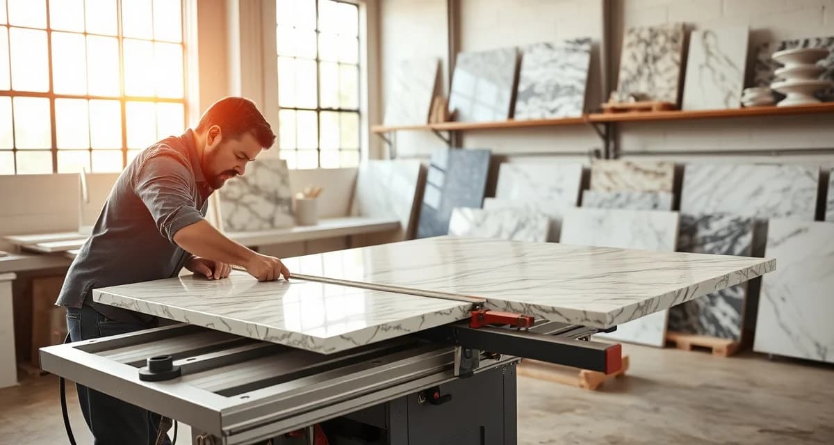 Professional countertop fabrication in Oklahoma City Expert countertop fabricator in Oklahoma City measuring and cutting a granite slab in a professional stone fabrication shop with finished samples visible