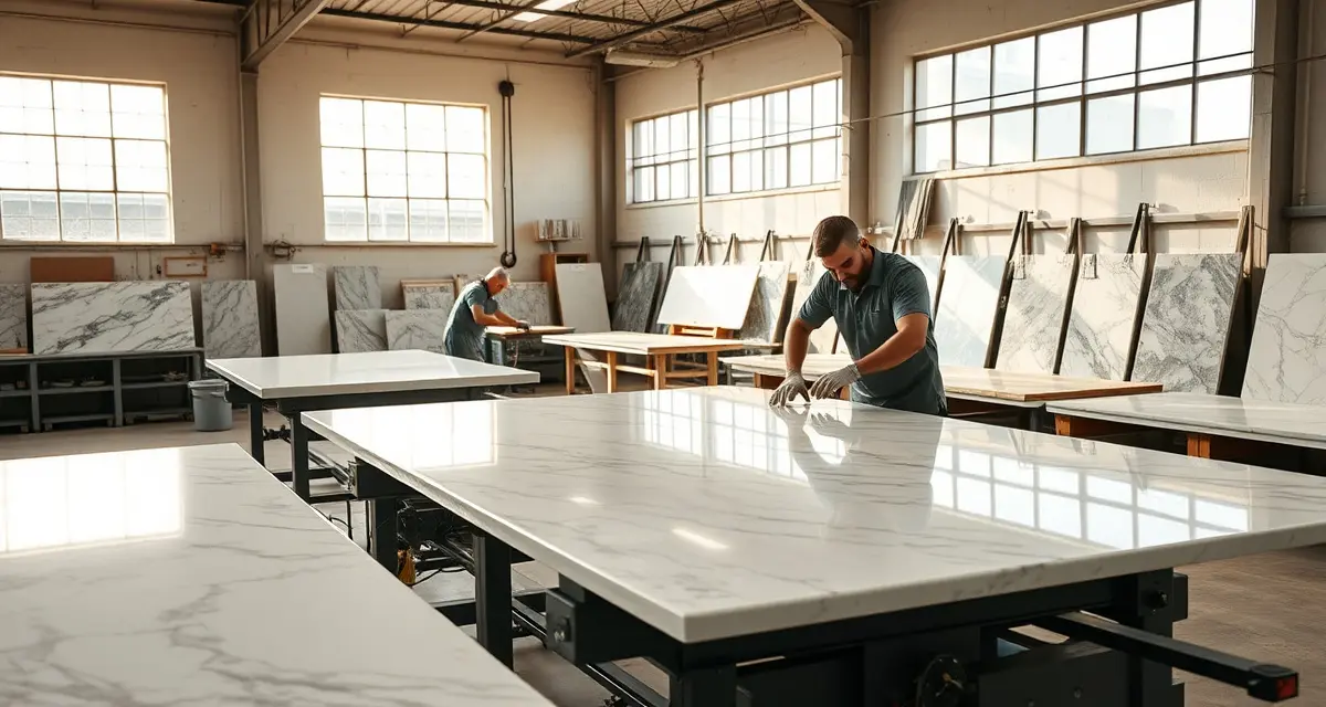 Oklahoma countertop fabrication workshop operations Modern countertop fabrication shop in Oklahoma with workers cutting and finishing granite and marble slabs using professional equipment
