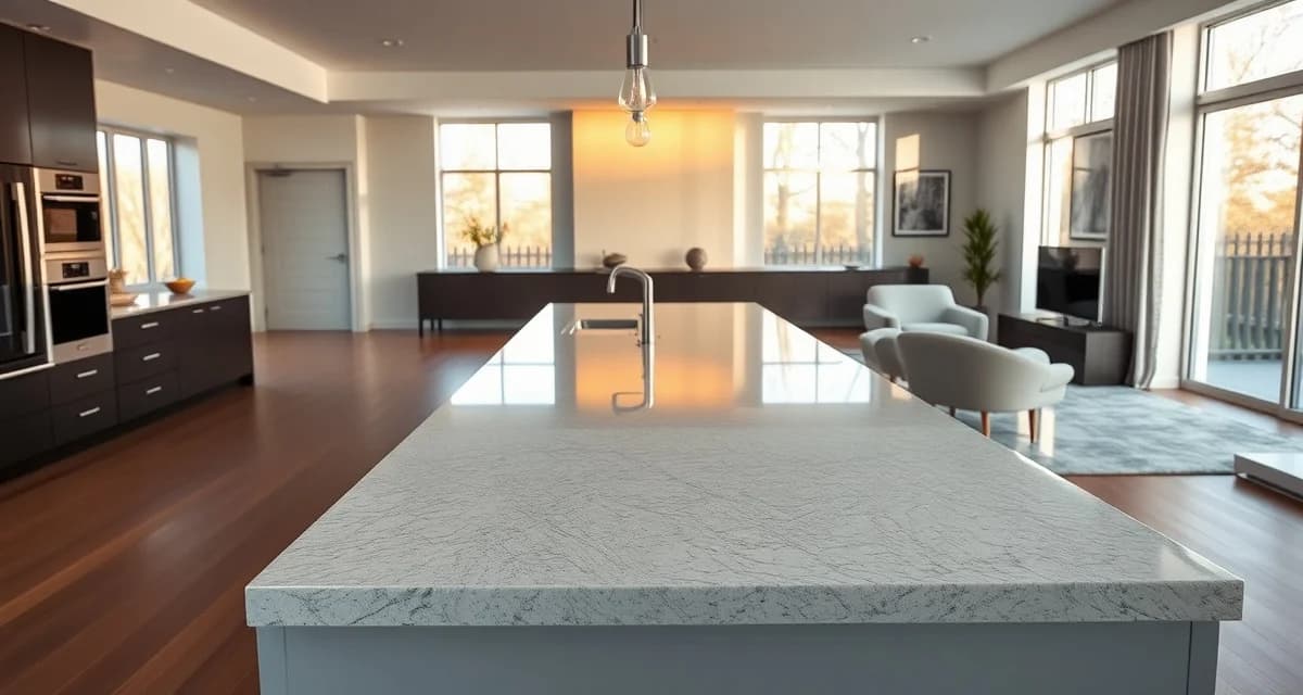 Open concept kitchen with designer stone countertops Modern open concept kitchen featuring premium stone countertops as a visual focal point, viewed from the living room with natural lighting and elegant edge profiles.