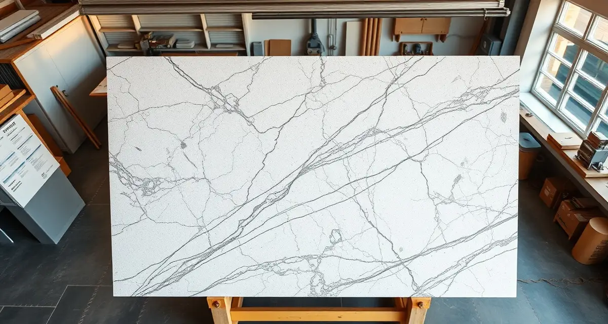 Professional countertop fabrication workshop showcasing quality stone materials Premium granite countertop slab displayed in professional Oregon fabrication shop with modern equipment and sustainable stone materials.