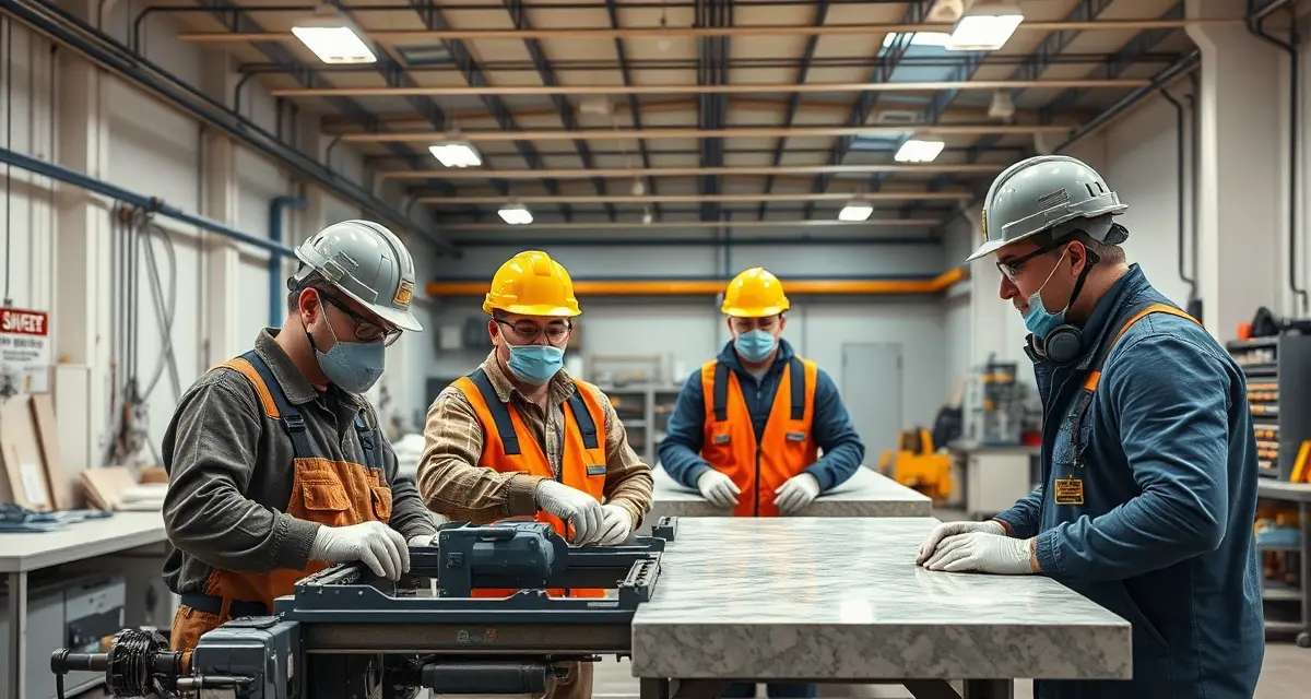 OSHA-compliant stone shop safety practices Stone fabrication shop workers wearing proper OSHA safety equipment including hard hats, glasses, and dust masks while operating cutting equipment