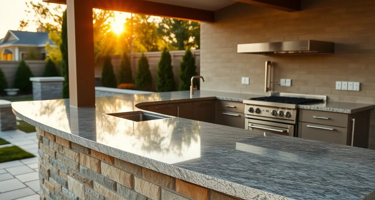 Outdoor countertop durability and design Premium outdoor kitchen countertop installation showcasing durable stone surface materials and professional fabrication for exterior use.