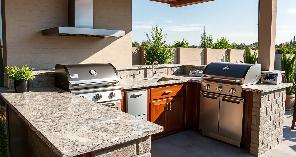 Premium outdoor countertop materials comparison Luxury outdoor kitchen countertops in porcelain and granite installed beside built-in grill, demonstrating weather-resistant materials for outdoor cooking spaces