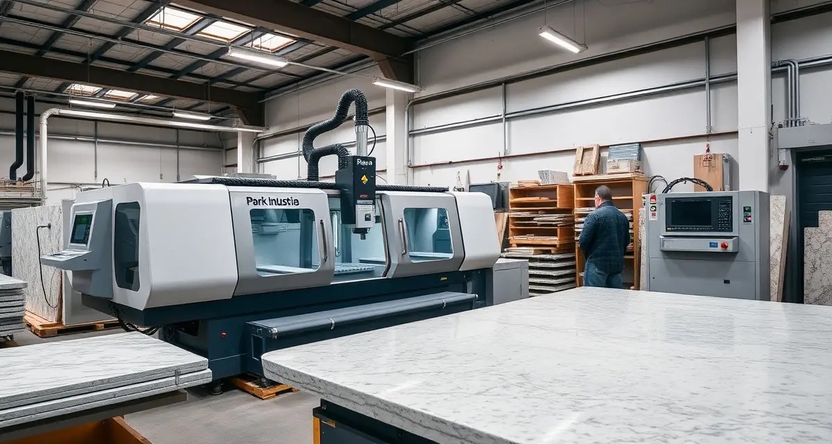 Advanced stone fabrication equipment by Park Industries Park Industries CNC stone fabrication machinery for countertop cutting and shaping in professional shop environment