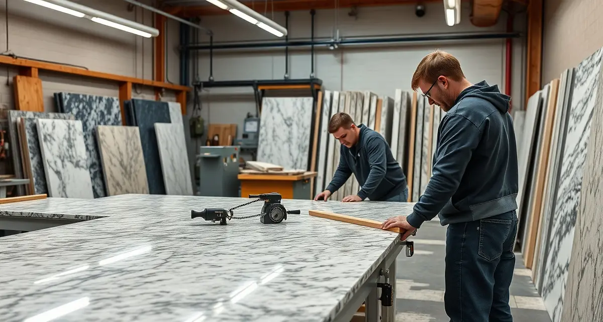 PA countertop shop management solutions Modern countertop fabrication shop in Pennsylvania with stone slabs and professional equipment for managing shop operations efficiently.