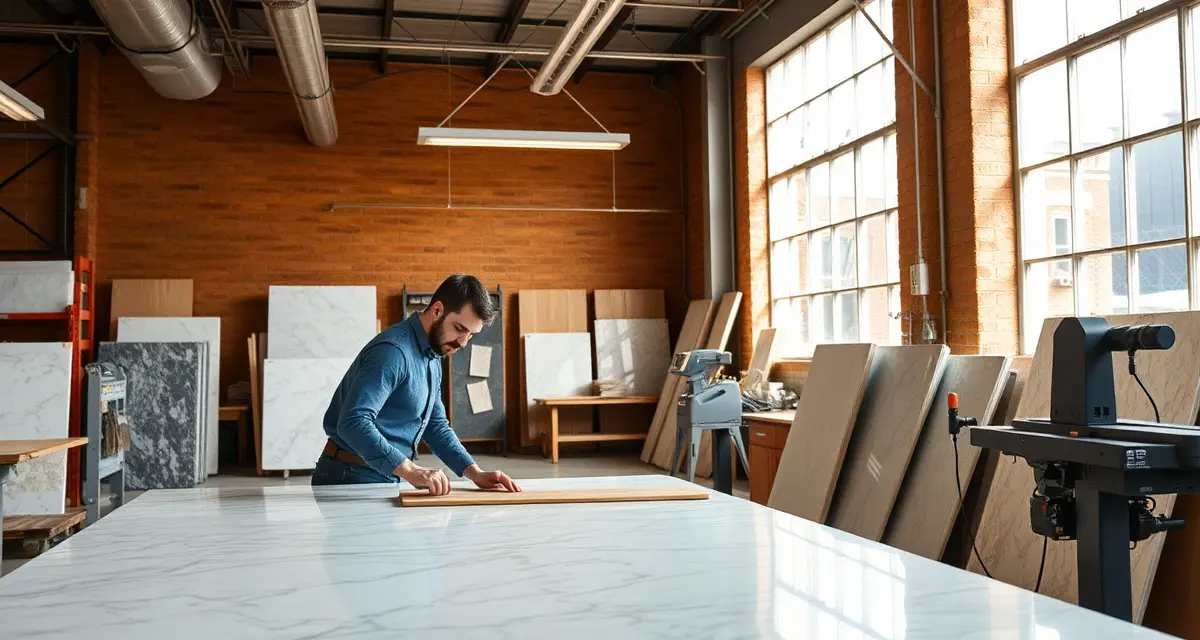 Professional Stone Countertop Fabrication Expert countertop fabricators in Philadelphia workshop measuring and cutting stone slabs for residential kitchen installation projects