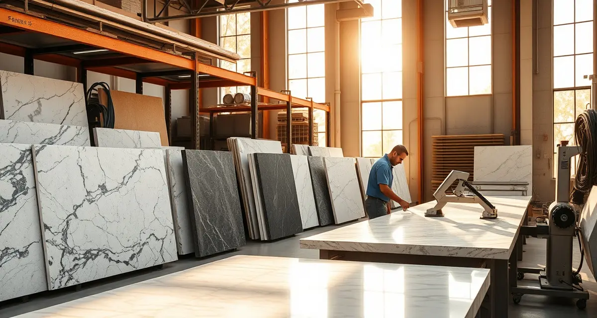 Professional Stone Fabrication Workshop in Phoenix Modern countertop fabrication shop in Phoenix, AZ with organized stone slabs and precision equipment for professional shop management.