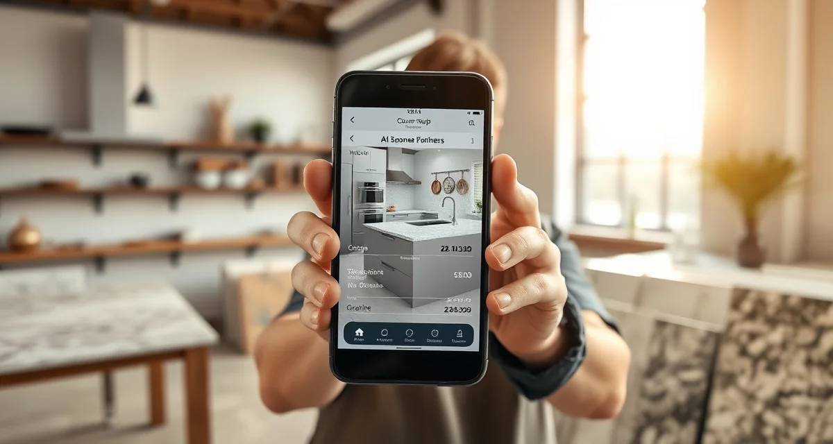 Photo-to-quote AI pricing for countertop fabrication AI photo-to-quote technology measuring kitchen countertop dimensions from smartphone image with instant price quote on screen