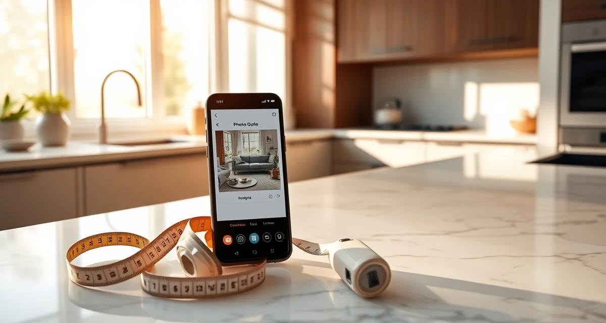 Digital photo analysis for countertop estimation AI-powered photo-to-quote tool analyzing kitchen countertop stone with smartphone interface and instant estimate generation