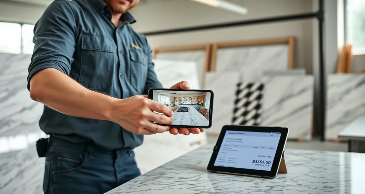 Digital countertop quoting workflow Contractor using photo to quote method on smartphone to generate countertop estimate from kitchen layout image