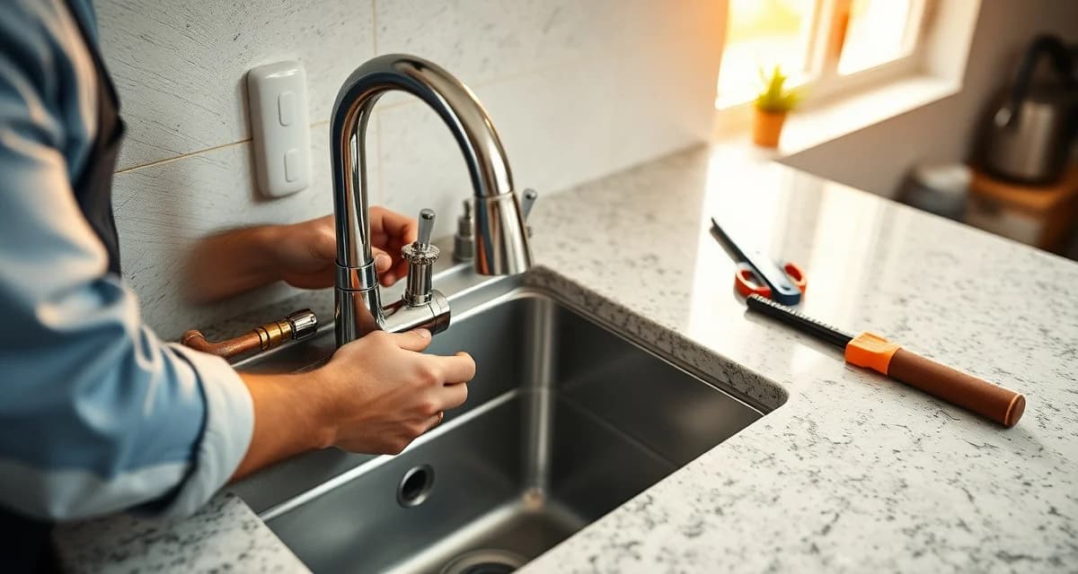 Professional plumbing work after countertop installation Plumber reconnecting sink and water supply lines under stone countertop after installation in kitchen