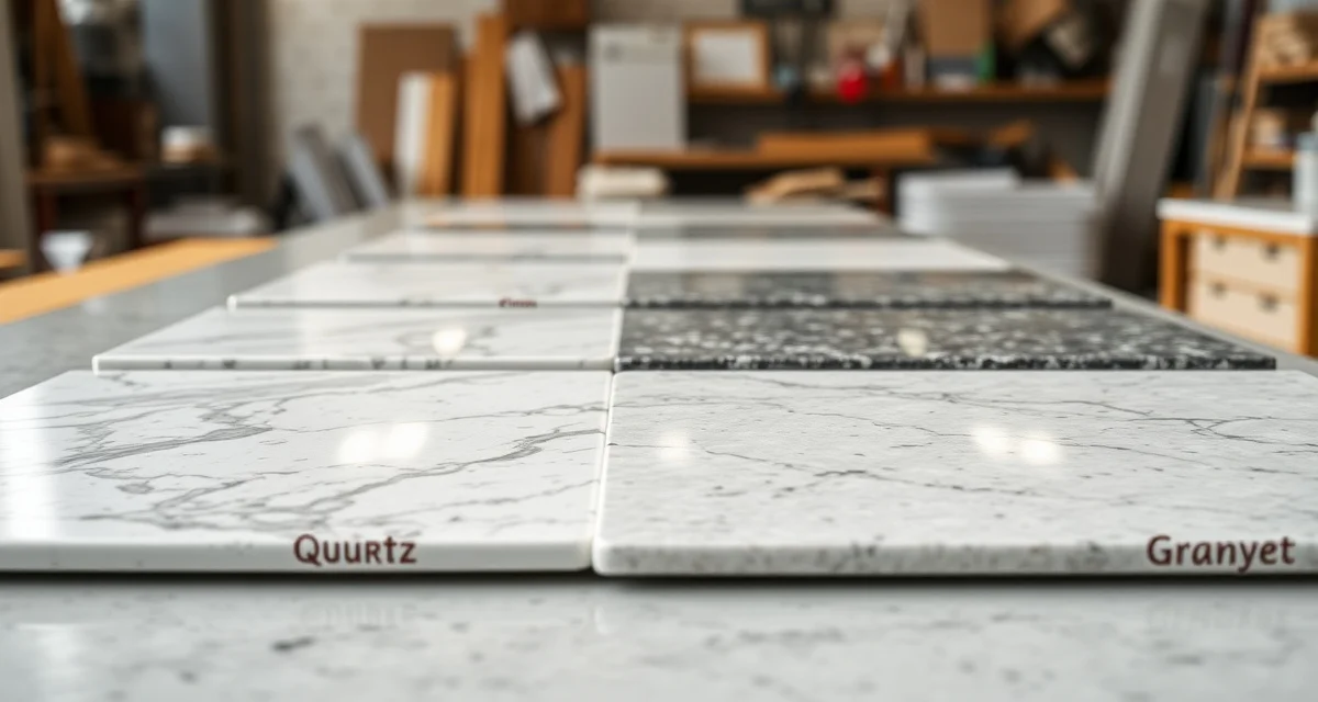 Premium Pompeii Quartz surface samples Pompeii Quartz countertop samples displaying marble and granite-look engineered quartz finishes in a stone fabrication shop setting.