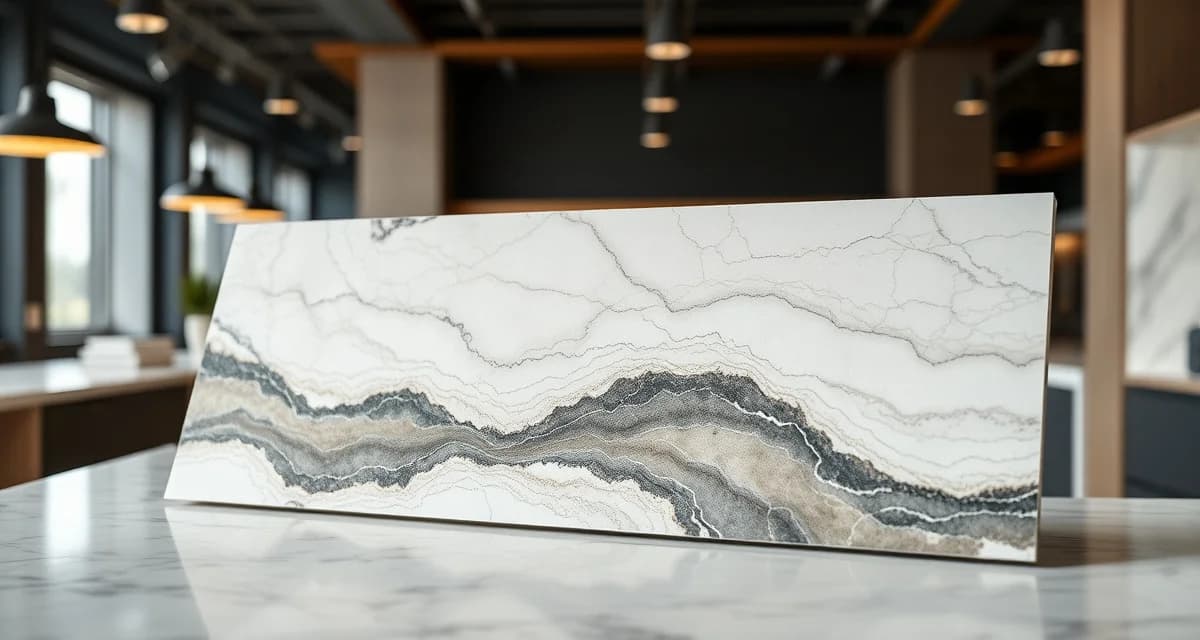 Large-format porcelain slab sample for countertop applications Premium porcelain slab with marble pattern finish used for modern countertop fabrication and stone surfaces