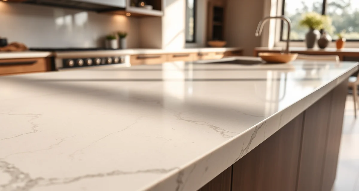 Close-up view of porcelain countertop material quality Premium porcelain slab countertop surface showing ultra-dense engineered finish with natural veining and polished appearance in modern kitchen setting.
