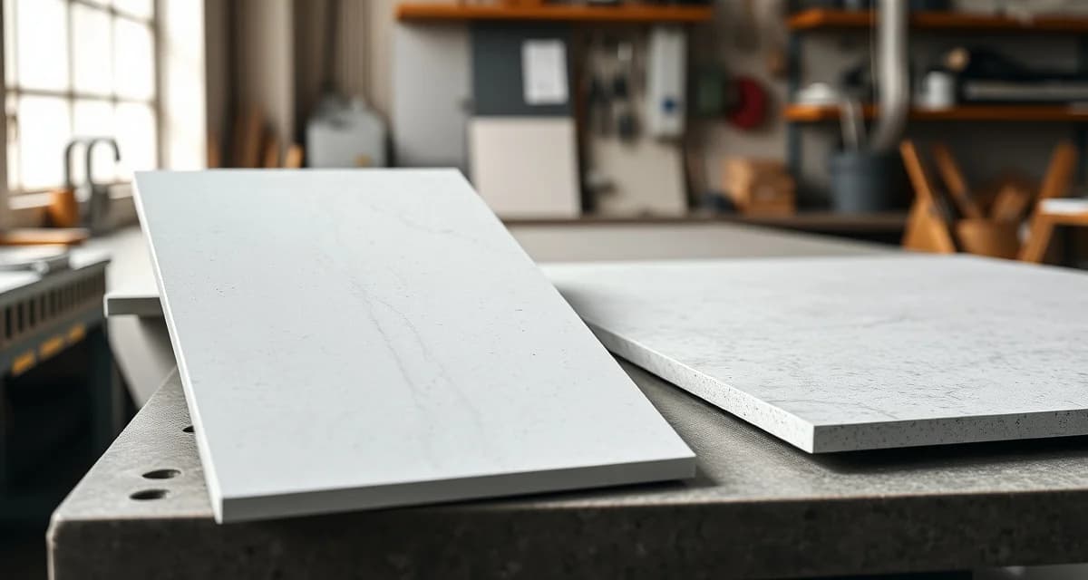 Porcelain slab fabrication management Premium sintered stone and porcelain slabs displayed on fabrication workbench showing durable countertop materials for professional fabricators