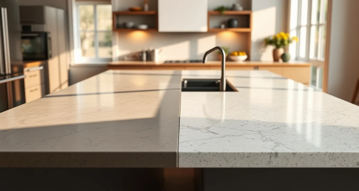 Material comparison for countertop selection Close-up comparison of porcelain and sintered stone countertop samples showing surface texture and durability differences