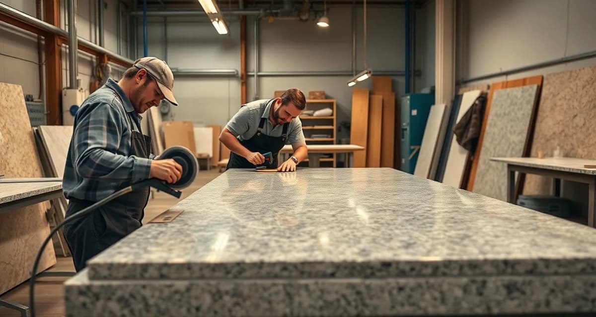 Portland countertop fabrication workshop Expert countertop fabricators in Portland, OR polishing stone slabs for kitchen and bathroom installations with professional equipment.
