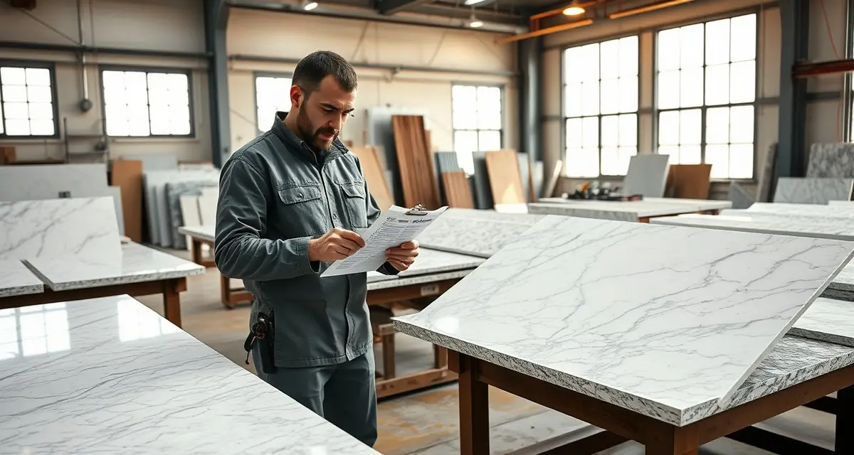 Pre-installation quality control process for stone countertops Quality control inspector verifying countertop fabrication checklist items before installation crew loading prepared stone slabs