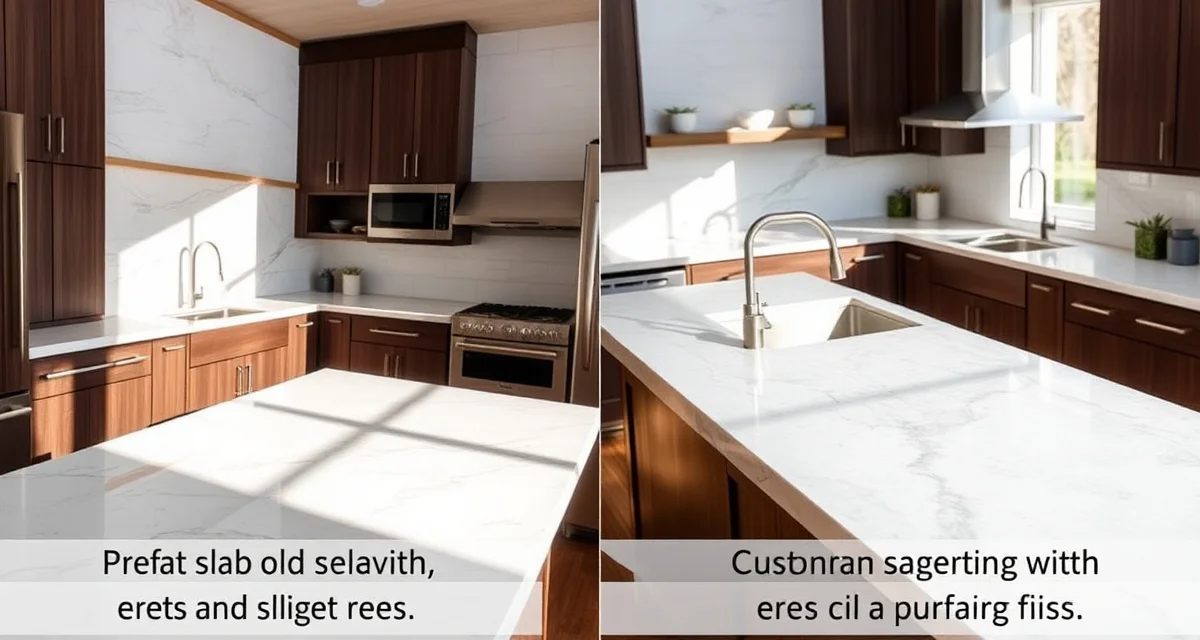 Prefab versus custom countertop options Side-by-side comparison of prefab and custom stone countertops showing size differences and fabrication methods