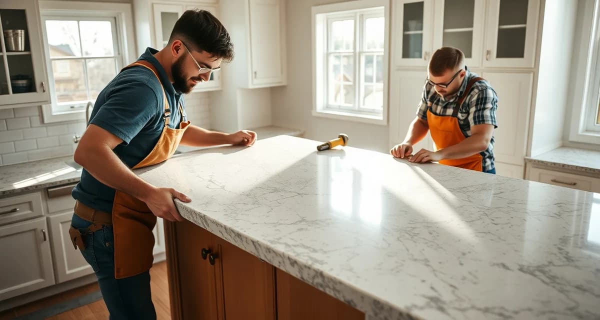 Expert countertop installation process Professional installers carefully positioning a large granite countertop slab during professional stone countertop installation