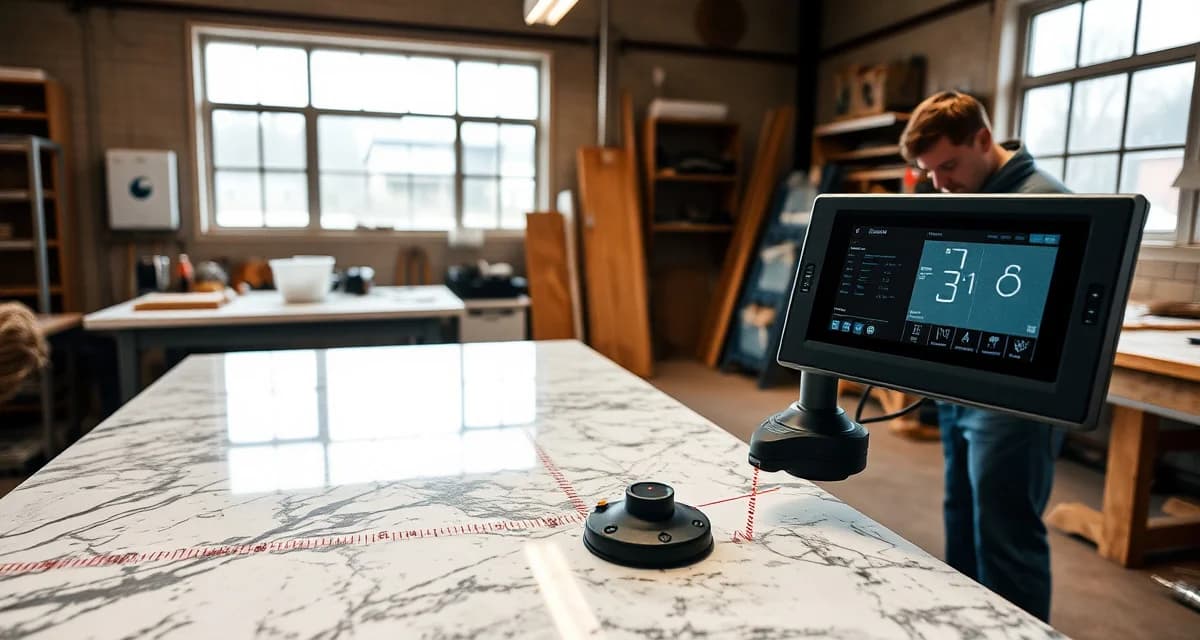 Proliner stone templating equipment in action Proliner digital templating system measuring granite countertop with laser probe technology in fabrication shop