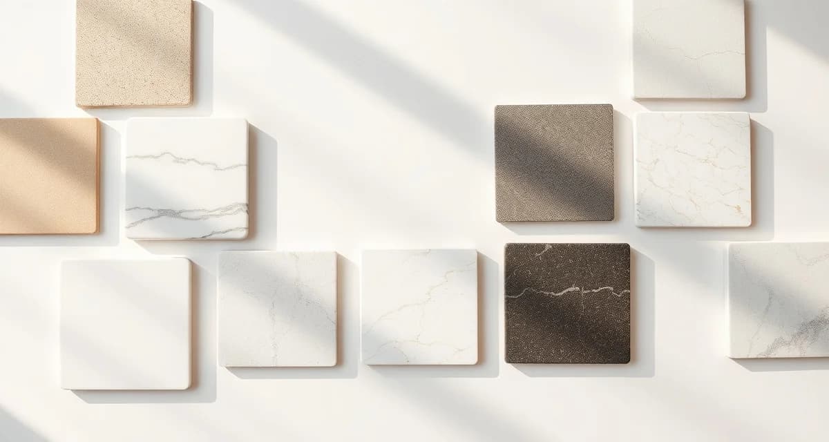 Premium quartz brand samples side by side Comparison of top quartz countertop brands including Cambria, Silestone, and Caesarstone samples showing different finishes and colors