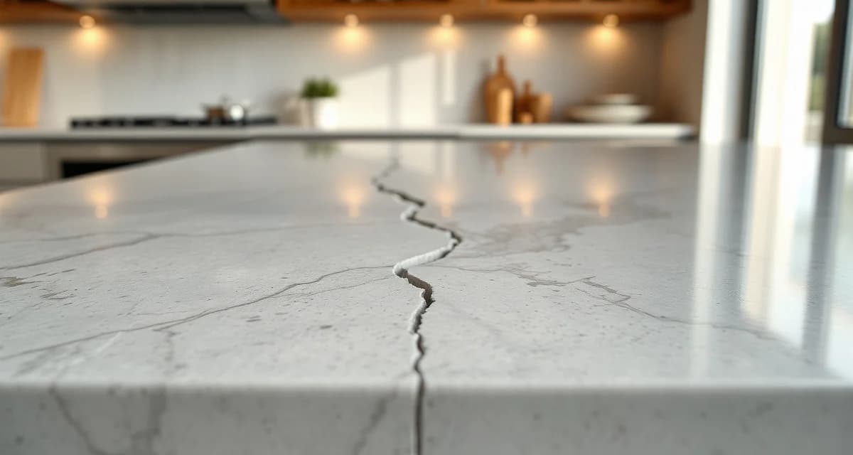 Quartz countertop crack damage example Diagonal crack visible on a quartz countertop surface showing common damage patterns in engineered stone fabrication.